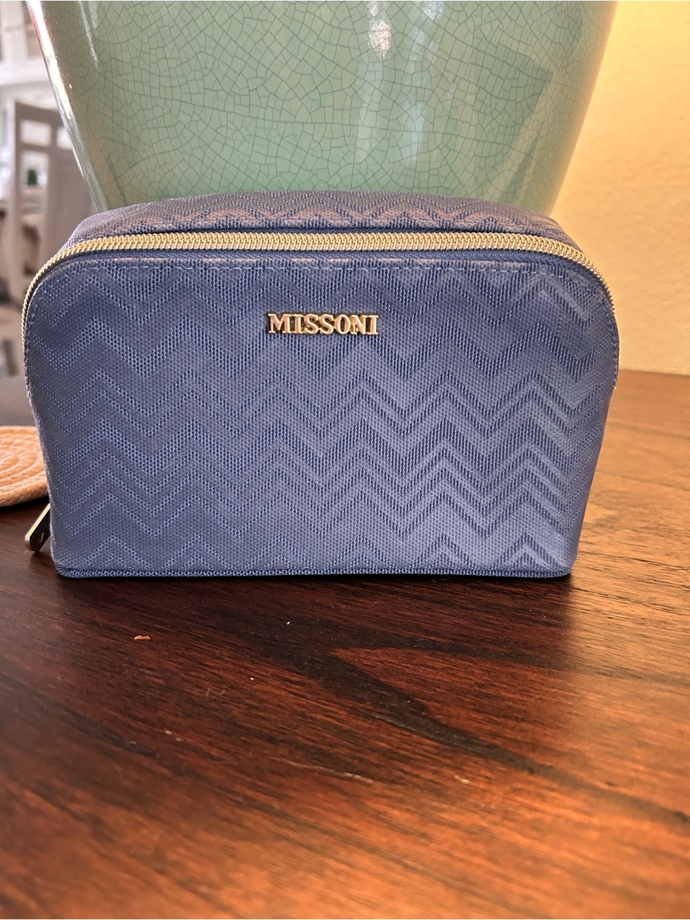 Missoni Light Blue Chevron Cosmetic Pouch with Gold Hardware